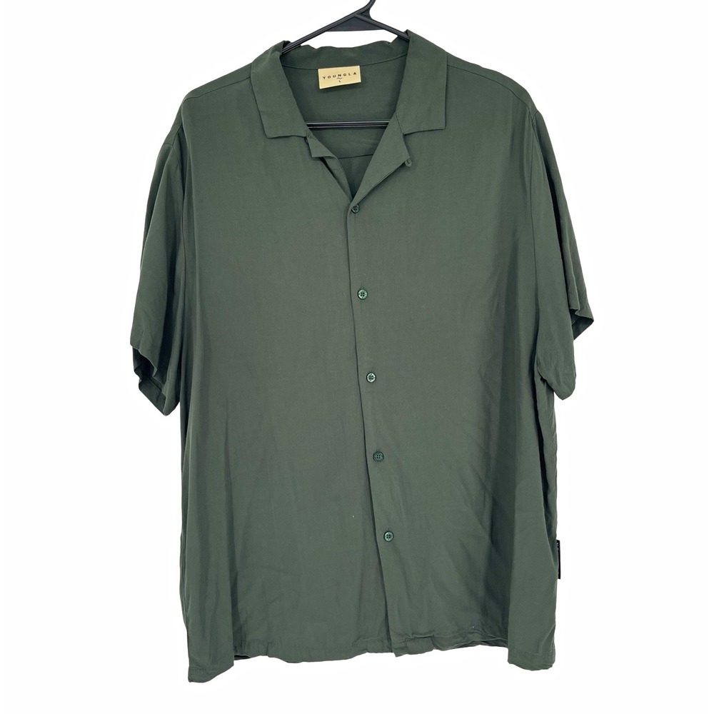 YoungLA Men's Large Dark Green Camp Collar Shirt 100% Viscose Oversized Modern